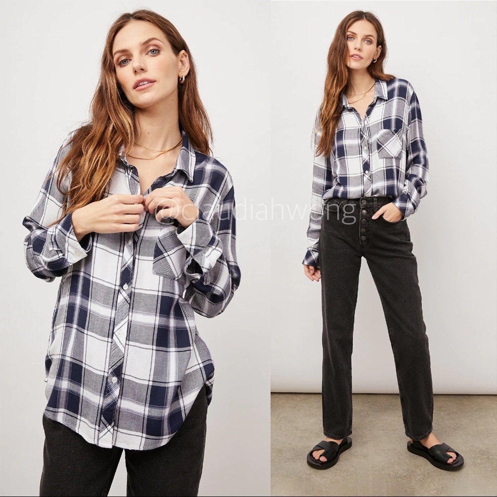 RAILS Hunter Plaid Flannel Button Down Shirt in Navy Blue Yellow